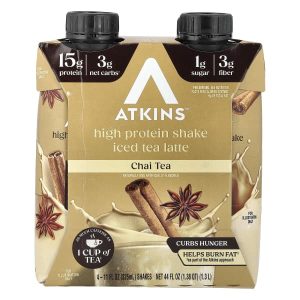 Atkins, Iced Tea Latte, High Protein Shake, Chai Tea, 4 Shakes, 11 fl oz (325 ml) Each