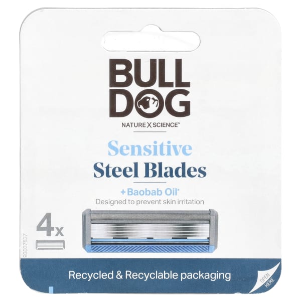Bulldog Skincare For Men, Sensitive Steel Shaving Blades + Baobab Oil, 4 Cartridges
