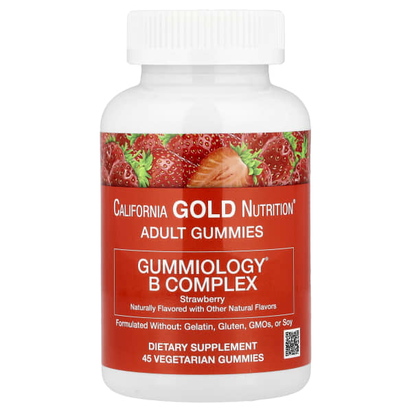 California Gold Nutrition, Gummiology® B Complex Gummies with Vitamins B6 and B12, Folate, and Biotin, Strawberry, 45 Vegetarian Gummies