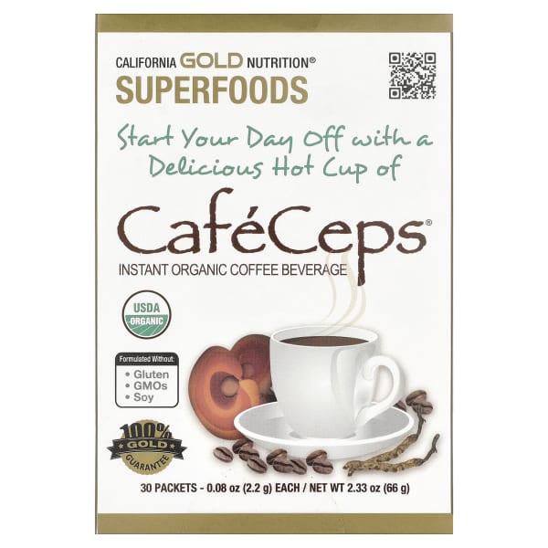 California Gold Nutrition, CafeCepsĀ®, Certified Organic Instant Coffee with Cordyceps, and Reishi Mushroom Powder, 30 Packets, 0.08 oz (2.2 g) Each