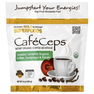 California Gold Nutrition, CafeCeps®, Certified Organic Instant Coffee with Full-Spectrum, Organic Cordyceps and Reishi Mushroom Powder, 3.5 oz (100 g)