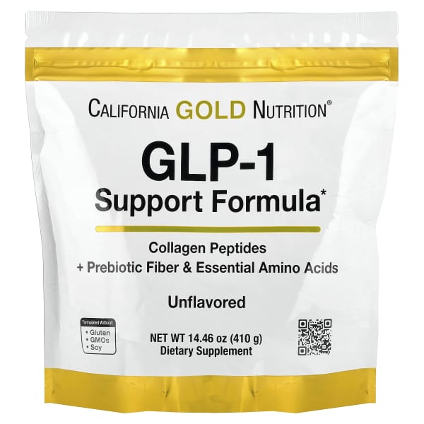 California Gold Nutrition, GLP-1 Support Formula with Collagen Peptides, Prebiotic Fiber & Essential Amino Acids, Unflavored, 14.46 oz (410 g)