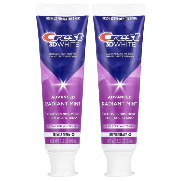 Crest, 3D White Advanced, Fluoride Anticavity Toothpaste, Radiant Mint, 2 Pack, 3.3 oz (93 g) Each