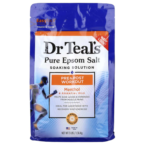 Dr. Teal's, Pure Epsom Salt Soaking Solution, Pre & Post Workout, Menthol & Essential Oils, 3 lbs (1.36 kg)