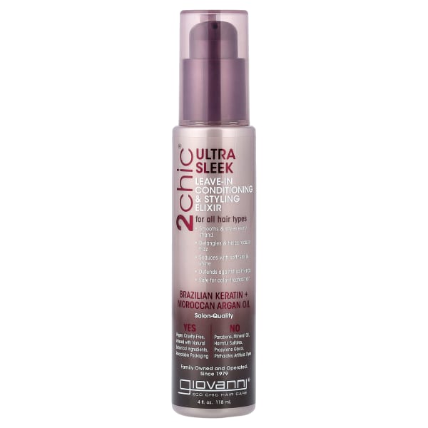 Giovanni, 2chicĀ®, Ultra Sleek Leave-In Conditioning & Styling Elixir, For All Hair Types, Brazilian Keratin + Moroccan Argan Oil, 4 fl oz (118 ml)