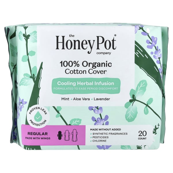 The Honey Pot Company, Organic Cooling Herbal Infusion, Pads with Wings, Regular, 20 Count