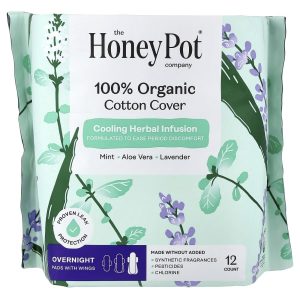The Honey Pot Company, Organic Cooling Herbal Infusion, Pads with Wings, Overnight, 12 Count