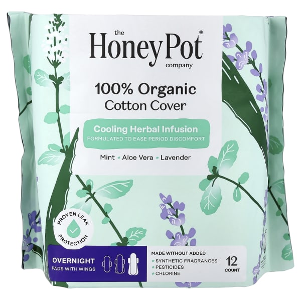 The Honey Pot Company, Organic Cooling Herbal Infusion, Pads with Wings, Overnight, 12 Count