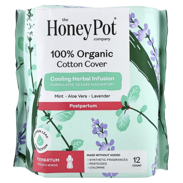 The Honey Pot Company, Organic Cooling Herbal Infusion, Pads with Wings, Postpartum , 12 Count