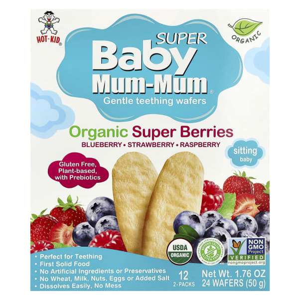 Hot Kid, Baby Mum-MumĀ® Super, Gentle Teething Wafers, Organic Super Berries, 12 Packs, 2 Wafers Each