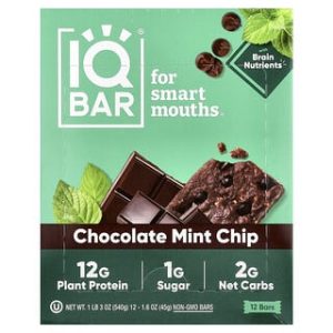 IQBAR, Plant Protein Bar, Chocolate Mint Chip, 12 Bars, 1.6 oz (45 g) Each