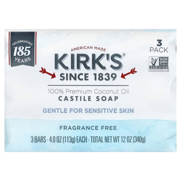 Kirk's, 100% Premium Coconut Oil Castile Bar Soap, Fragrance Free, 3 Bars, 4 oz (113 g) Each