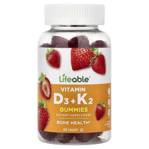 Lifeable, Vitamin D3 + K2 Gummies, Natural Strawberry, 60 Gummies