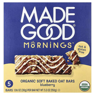 MadeGood, Morningsā¢, Organic Soft Baked Oat Bars, Blueberry, 5 Bars, 1.06 oz (30 g) Each