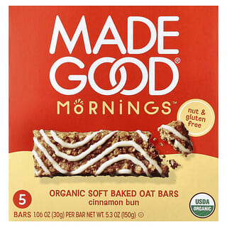 MadeGood, Morningsā¢, Organic Soft Baked Oat Bars, Cinnamon Bun, 5 Bars, 1.06 oz (30 g) Each