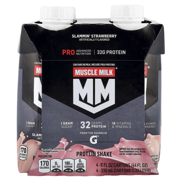 Muscle Milk, Pro Advanced Nutrition, Protein Shake, Slammin' Strawberry, 4 Cartons, 11 fl oz (330 ml) Each