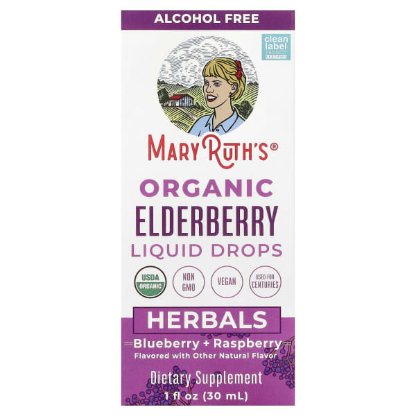 MaryRuth's, Organic Elderberry Liquid Drops, Blueberry + Raspberry, Alcohol Free, 1 fl oz (30 ml)