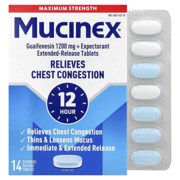 Mucinex, 12 Hour Chest Congestion, Maximum Strength, 1,200 mg, 14 Extended-Release Bi-Layer Tablets
