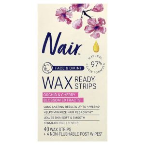 Nair, Wax Ready Strips, Face & Bikini, Orchid & Cherry Blossom Extracts, 40 Wax Strips + 4 Post Wipes