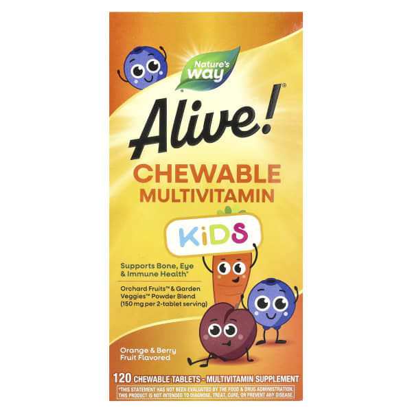 Nature's Way, Alive!® Kids, Chewable Multivitamin, Ages 2+, Orange & Berry Fruit, 120 Chewable Tablets