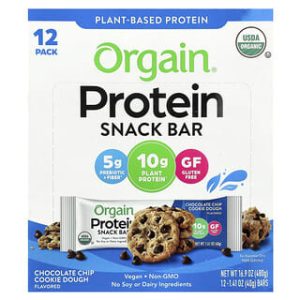 Orgain, Plant-Based Protein Snack Bar, Chocolate Chip Cookie Dough, 12 Bars, 1.41 oz (40 g) Each