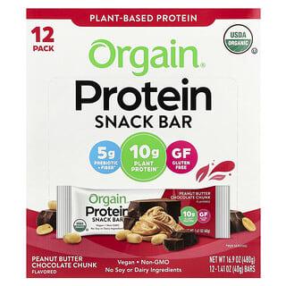 Orgain, Organic Plant-Based Protein Snack Bar, Peanut Butter Chocolate Chunk, 12 Bars, 1.41 oz (40 g) Each