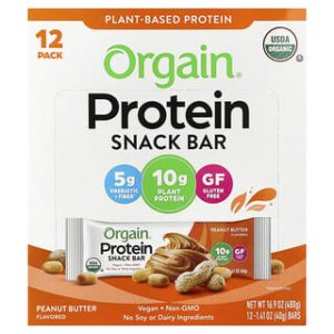 Orgain, Plant-Based Protein Snack Bar, Peanut Butter, 12 Bars, 1.41 oz (40 g) Each