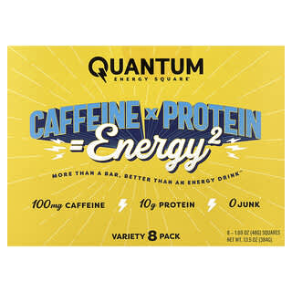 QUANTUM ENERGY SQUARE, Caffeine x Protein Snack, Variety Pack, 8 Squares, 1.69 oz (48 g) Each