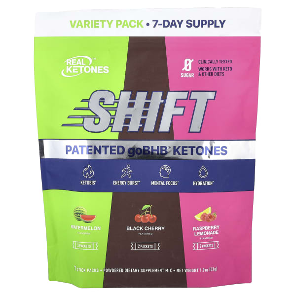 Real Ketones, Shift, Variety Pack, Watermelon, Black Cherry, Raspberry Lemonade, 7 Stick Packs, 1.9 oz (53 g)