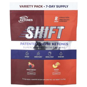 Real Ketones, Shift, Supercharged With Caffeine, Variety Pack, Mixed Berry, Peach, 7 Stick Packs, 0.26 oz (7.3 g) Each