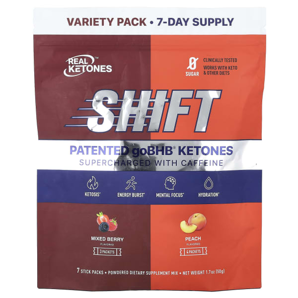Real Ketones, Shift, Supercharged With Caffeine, Variety Pack, Mixed Berry, Peach, 7 Stick Packs, 0.26 oz (7.3 g) Each