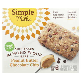 Simple Mills, Soft Baked Almond Flour Bars, Peanut Butter Chocolate Chip, 5 Bars, 1.19 oz (34 g) Each