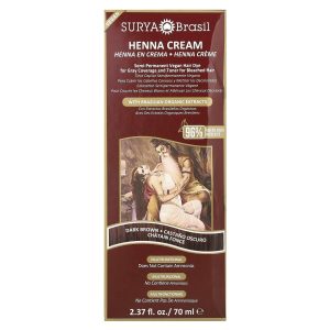 Surya Brasil, Henna Cream, Semi-Permanent Vegan Hair Dye For Gray Coverage and Toner for Bleached Hair, Dark Brown, 2.37 fl oz (70 ml)