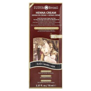 Surya Brasil, Henna Cream, Semi-Permanent Vegan Hair Dye for Gray Coverage and Toner for Bleached Hair, Black, 2.37 fl oz (70 ml)