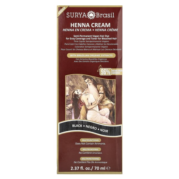 Surya Brasil, Henna Cream, Semi-Permanent Vegan Hair Dye for Gray Coverage and Toner for Bleached Hair, Black, 2.37 fl oz (70 ml)