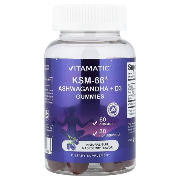Vitamatic, KSM-66® Ashwagandha + D3 Gummies, Natural Blue Raspberry, 60 Gummies