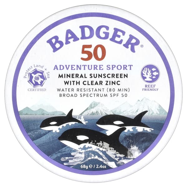 Badger, Adventure Sport, Mineral Sunscreen with Clear Zinc, SPF 50, Unscented, 2.4 oz (68 g)